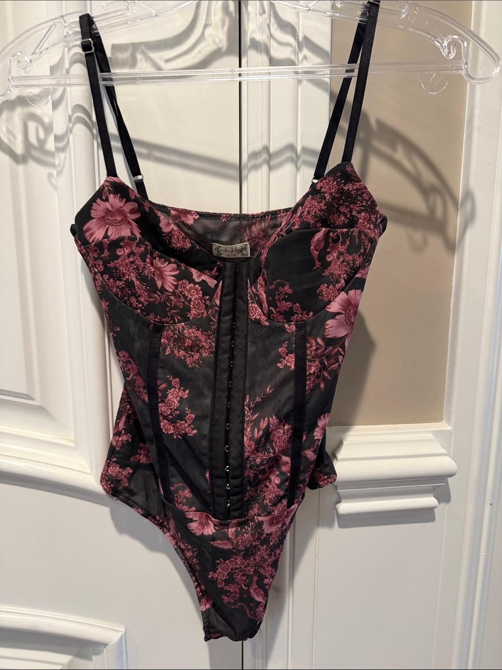 Free People Black Bodysuit with Pink Floral Lace Bustier